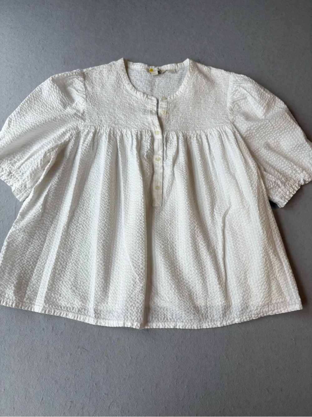 Boden Ada Puff Sleeve Seersucker White Blouse Smocked Button Front Shirt Sz 16